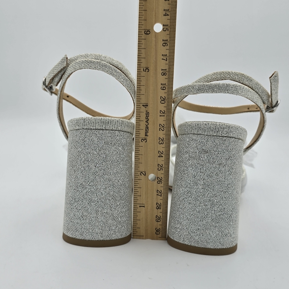 Badgley Mischka Tess Block Heel Sandals with Mesh Poof Bow, Silver Metallic, 6 - Picture 8 of 16